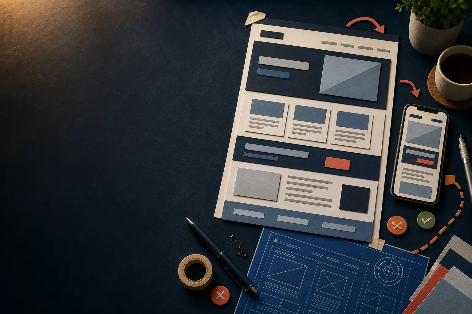 Website planning workshop with page layouts and notes